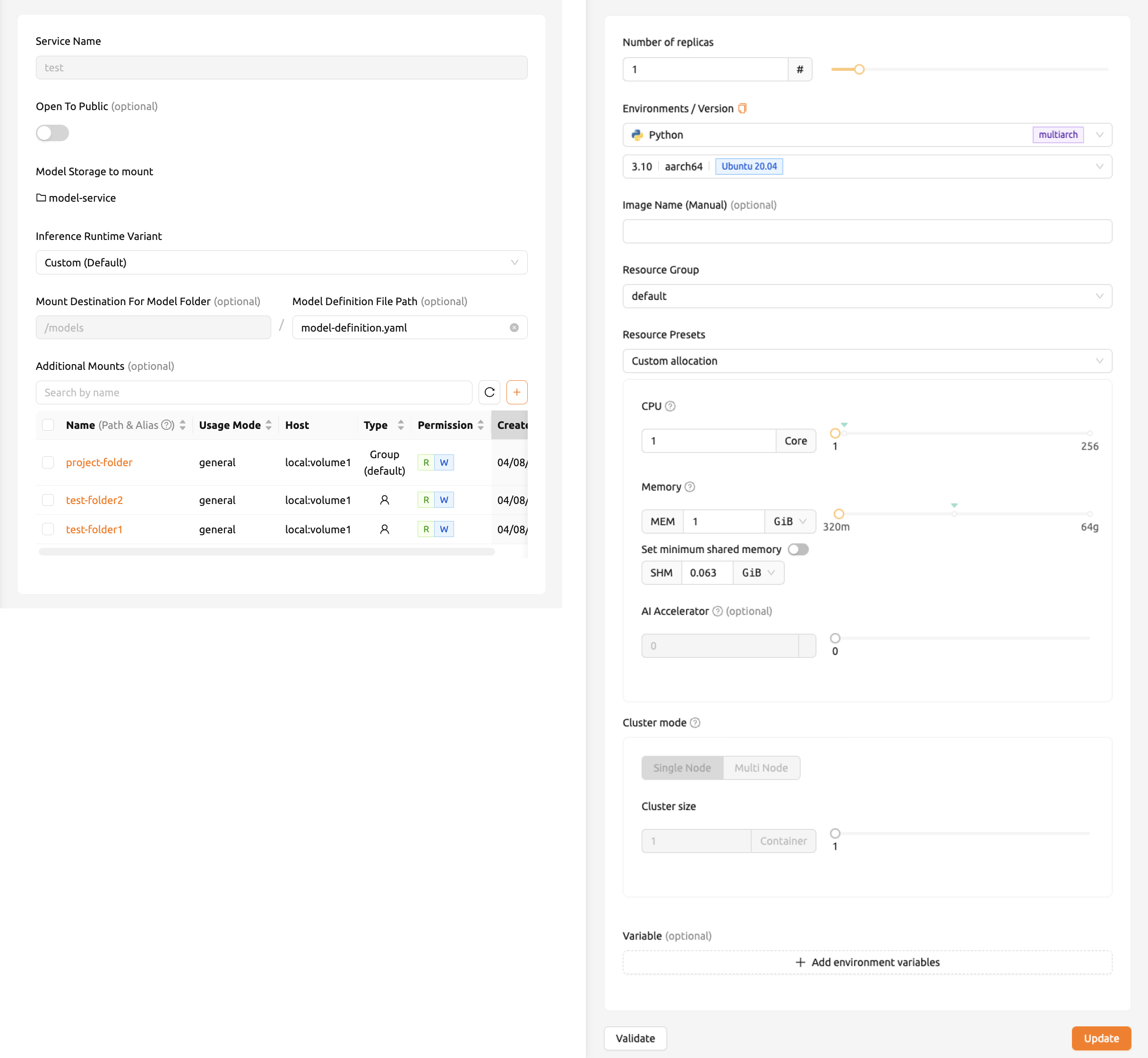 Edit model service dialog