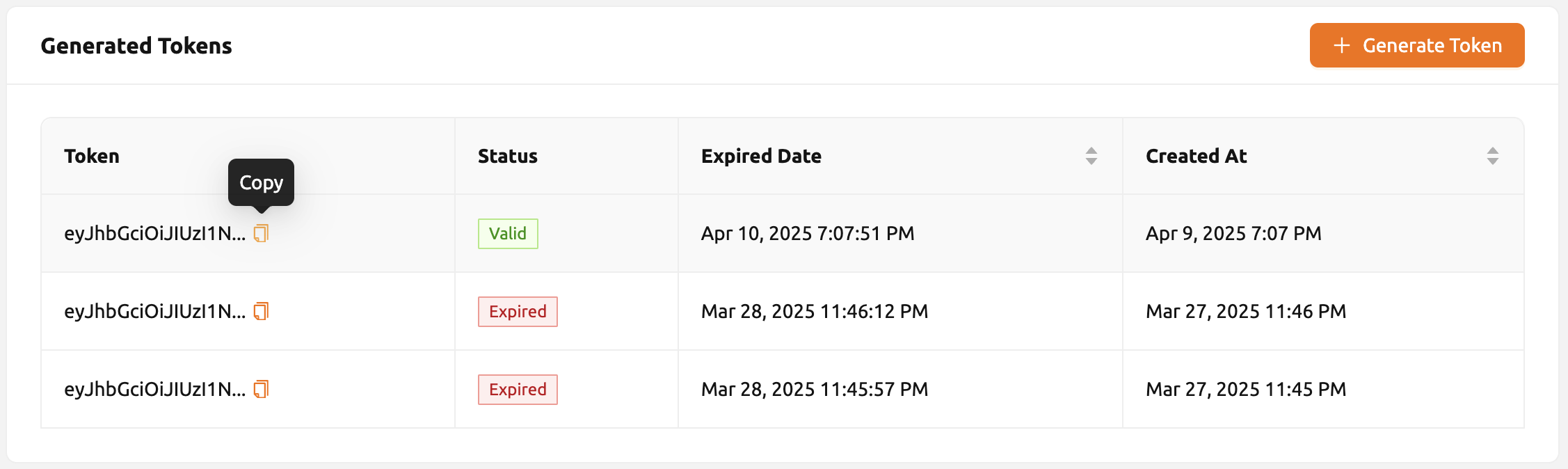 Generated token copy